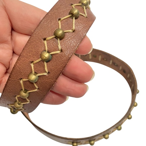 Vintage Brown Leather Belt Brass Studs Studded Boho Unique L XL - Picture 5 of 7